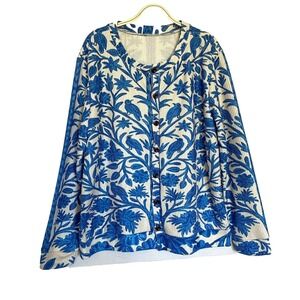 VTG Birds on Tree Ribbed Knit Cardigan Sweater Women XL Blue Novelty Cottagecore